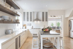 Vaucluse beach house, kitchen island timber shelving, bar stools